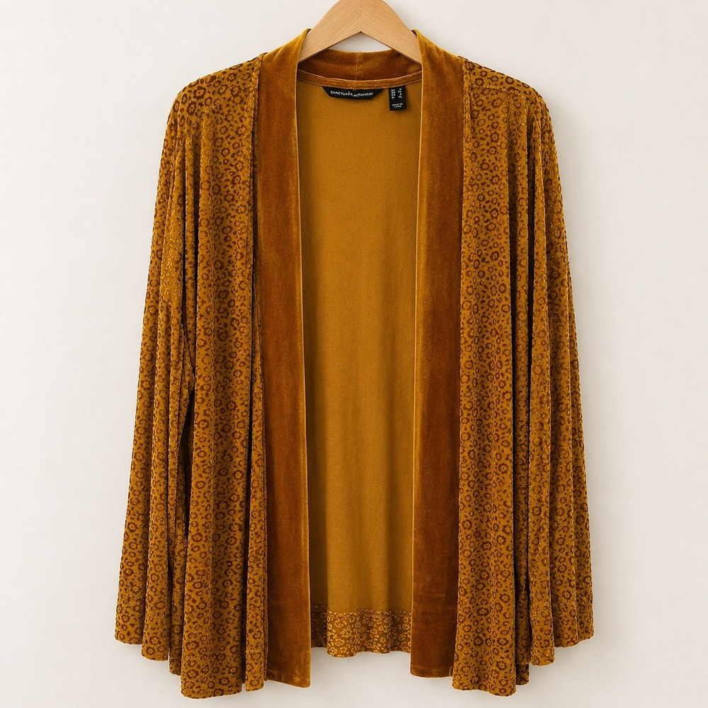Isaac Mizrahi Leopard Burnout Velvet Kimono Women Large GoldAnimalPrint Cardigan
